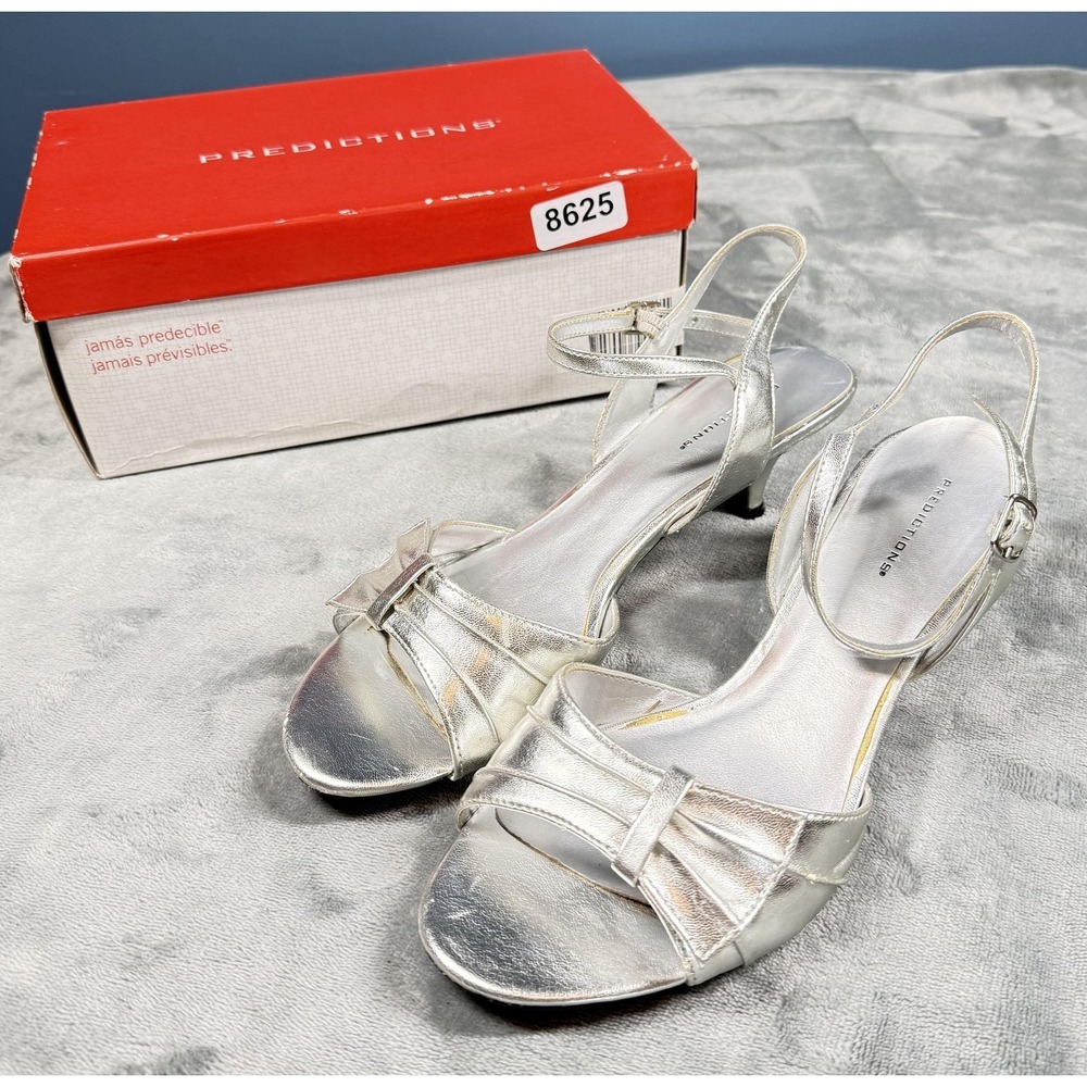 Predictions Sandals Womens Size 8W Silver Hannah Slingback Kitten Heel Dressy